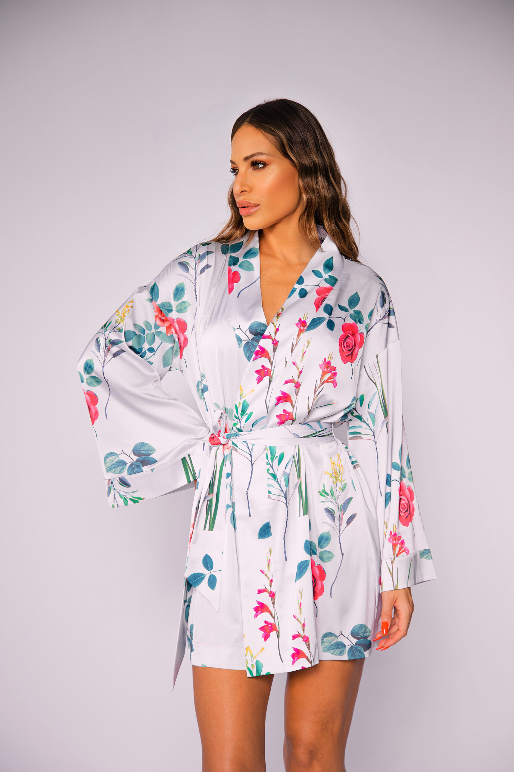 Silk lounge kimono set with shorts Flora